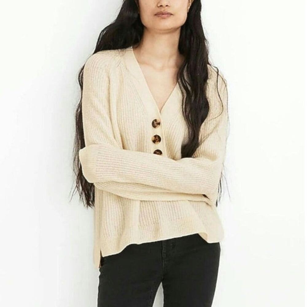 Madewell Cream Ribbed Merino Wool V-Neck Pullover Cozy Chic Fall Sweater XS